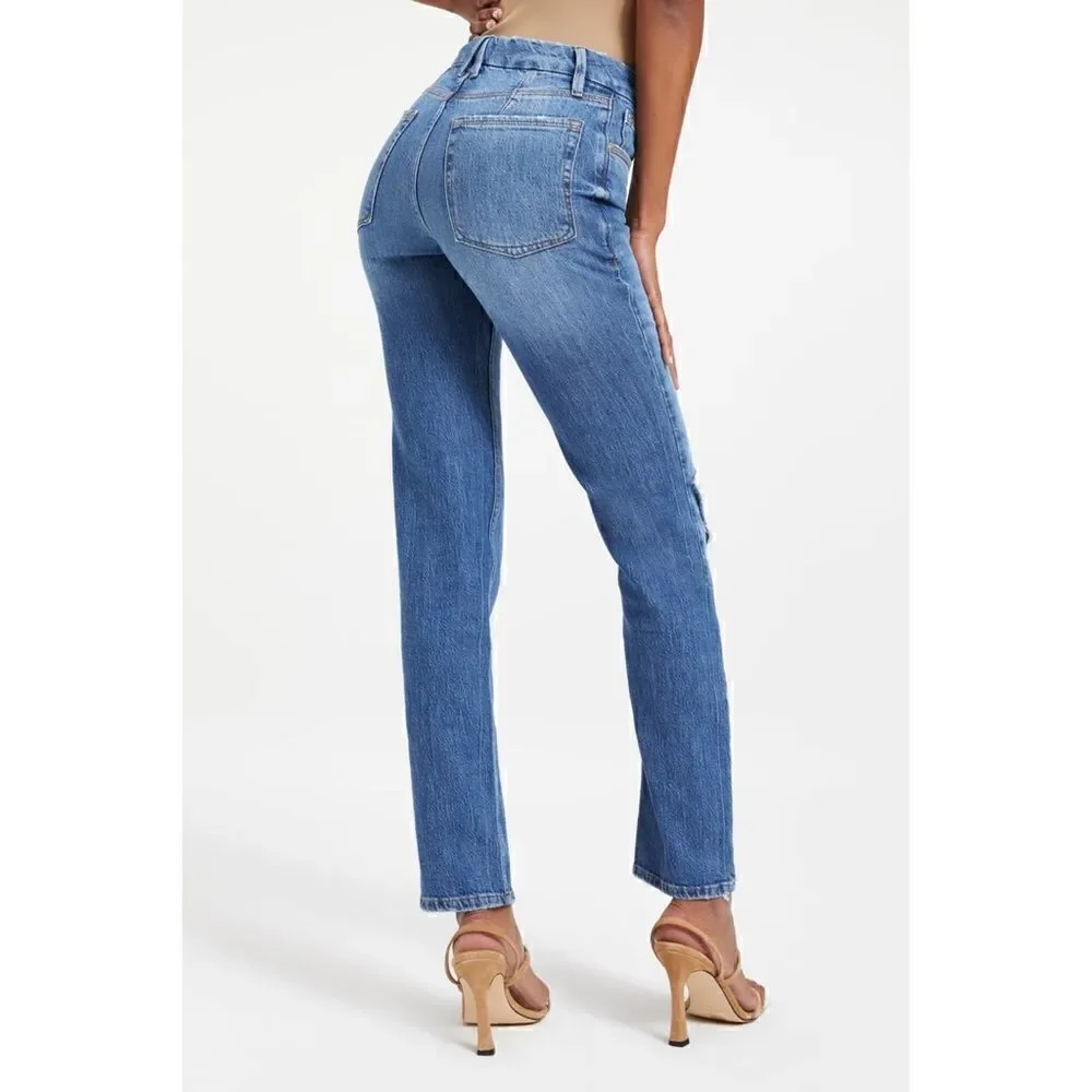 Good American Good 90s Icon Ripped Straight Leg High Rise Stretch Denim Jeans - Picture 4 of 16